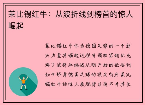 莱比锡红牛:从波折线到榜首的惊人崛起