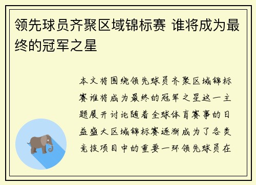 领先球员齐聚区域锦标赛 谁将成为最终的冠军之星
