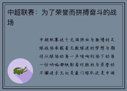 中超联赛:为了荣誉而拼搏奋斗的战场