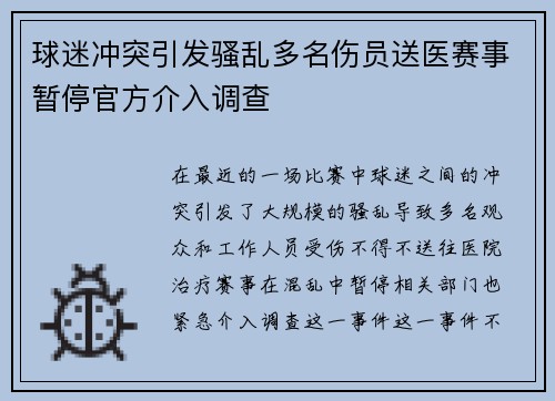 球迷冲突引发骚乱多名伤员送医赛事暂停官方介入调查