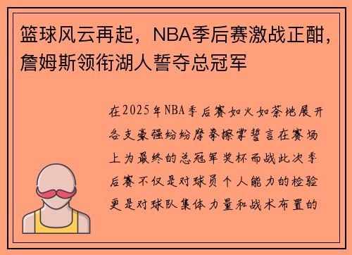篮球风云再起,NBA季后赛激战正酣,詹姆斯领衔湖人誓夺总冠军